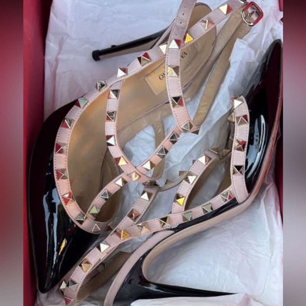 Valentino Black and Pink Patent Rockstud Heels
